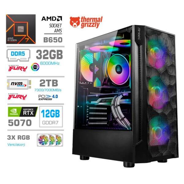 Gaming Računalnik Računalnik MEGA TWR S7 R7-7700/RTX5070/32GB-DDR5/2TB-4.0/750W/Brez OS RGB