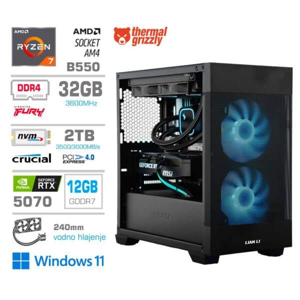 Gaming Računalnik Računalnik MEGA MT S7X R7-5800X/RTX5070/32GB/2TB-4.0/750W/Win11Home/črna RGB + Estetski napajalni kabli [Svetlo modra / Črna]