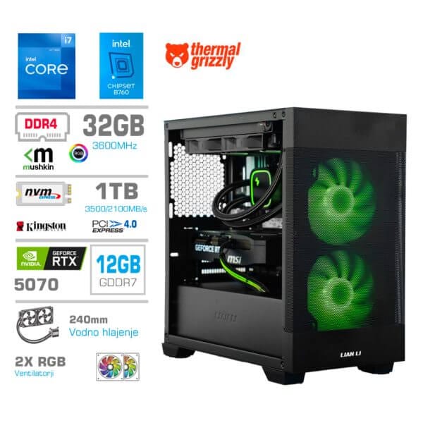 Gaming Računalnik Računalnik MEGA MT S7X i7-12700K/RTX5070/32GB/1TB-4.0/750W/Brez OS/črna RGB + Estetski napajalni kabli [Zelena / Črna)