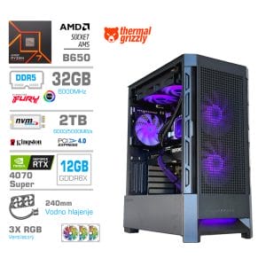 Gaming Računalnik Računalnik MEGA MT S8 R7-9700X/RTX4070 Super/32GB-DDR5/2TB-4.0/750W/Brez OS/črna RGB + Estetski napajalni kabli [Vijolična / Črna]