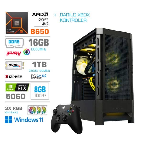 Gaming Računalnik Računalnik MEGA MT S8 R5-7600/RTX5060/16GB-DDR5/1TB-4.0/750W/Win11Home/črna RGB + Estetski napajalni kabli [Rumena / Črna] * DARILO *