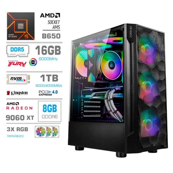 Gaming Računalnik Računalnik MEGA TWR S7 R5-7600X/RX9060 XT/16GB-DDR5/1TB-4.0/750W/Brez OS RGB