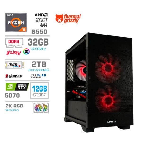 Gaming Računalnik Računalnik MEGA MT S7X R9-5950X/RTX5070/32GB/2TB-4.0/750W/Brez OS/črna RGB + Estetski napajalni kabli [Rdeča / Črna]