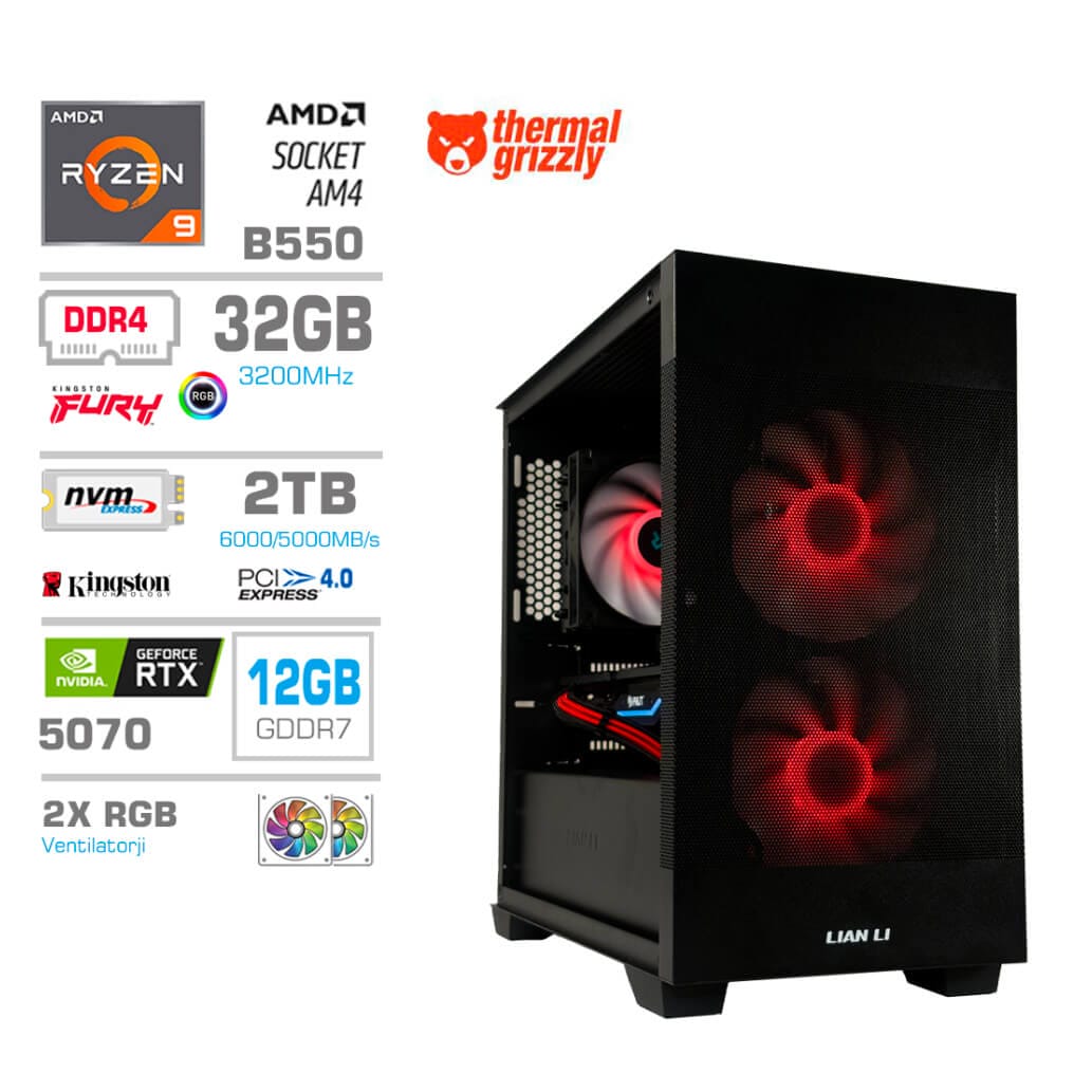 Gaming Računalnik  MT S7X R9-5950X/RTX5070/32GB/2TB-4.0/750W/Brez OS/črna RGB + Estetski napajalni kabli [Rdeča / Črna]