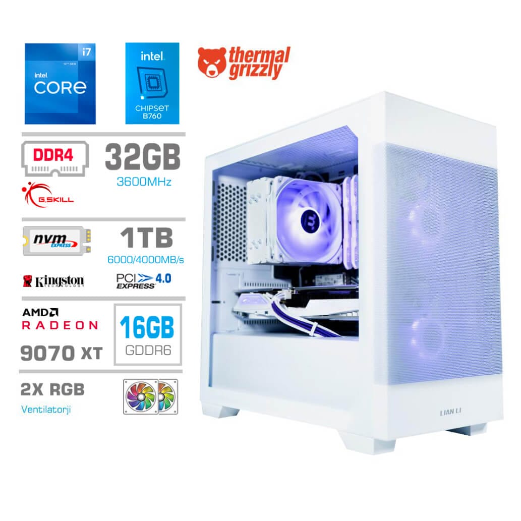 Gaming Računalnik  MT S7X i7-12700K/RX9070 XT/32GB/1TB-4.0/750W/Brez OS/bela RGB + Estetski napajalni kabli [Vijolična / Bela]