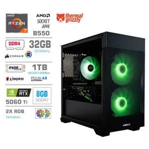 Gaming Računalnik Računalnik MEGA MT S7X R7-5700X/RTX5060Ti/32GB/1TB-4.0/750W/Brez OS/črna RGB + Estetski napajalni kabli [Zelena / Črna]