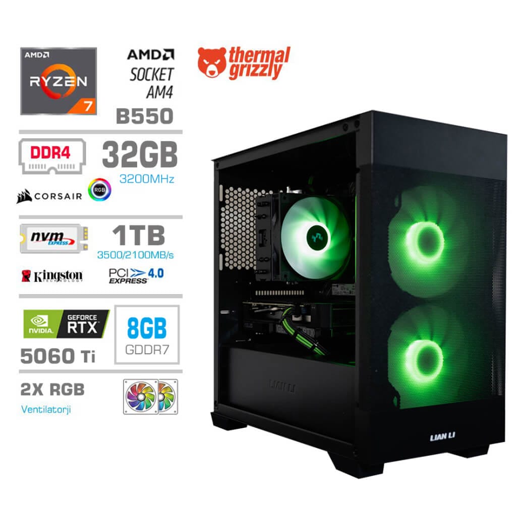 Gaming Računalnik Računalnik MEGA MT S7X R7-5700X/RTX5060Ti/32GB/1TB-4.0/750W/Brez OS/črna RGB + Estetski napajalni kabli [Zelena / Črna]
