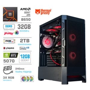 Gaming Računalnik Računalnik MEGA MT S8 R7-7700X/RTX5070/32GB-DDR5/2TB-4.0/750W/Brez OS/črna RGB + Estetski napajalni kabli [Rdeča / Črna]