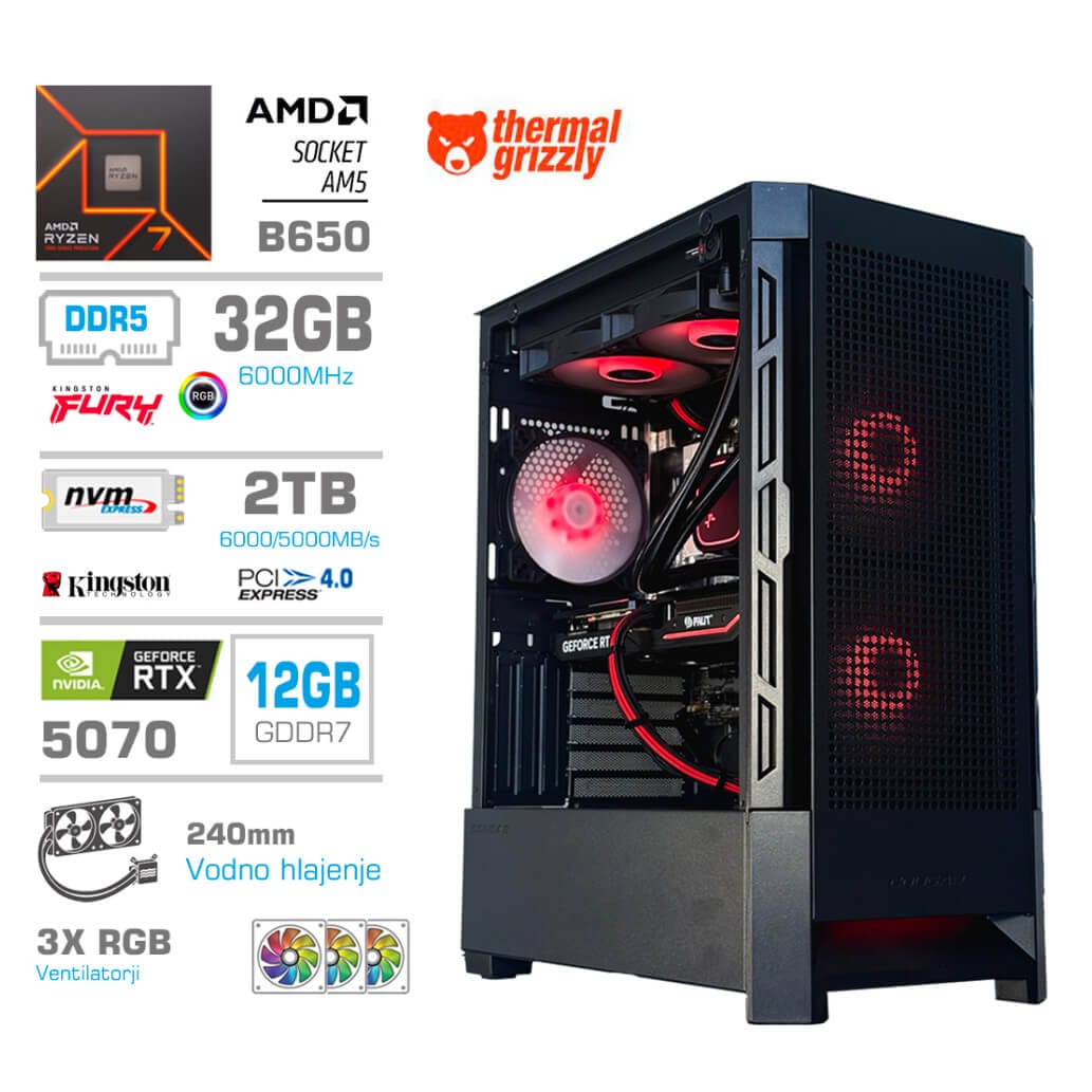 Gaming Računalnik  MT S8 R7-7700X/RTX5070/32GB-DDR5/2TB-4.0/750W/Brez OS/črna RGB + Estetski napajalni kabli [Rdeča / Črna]
