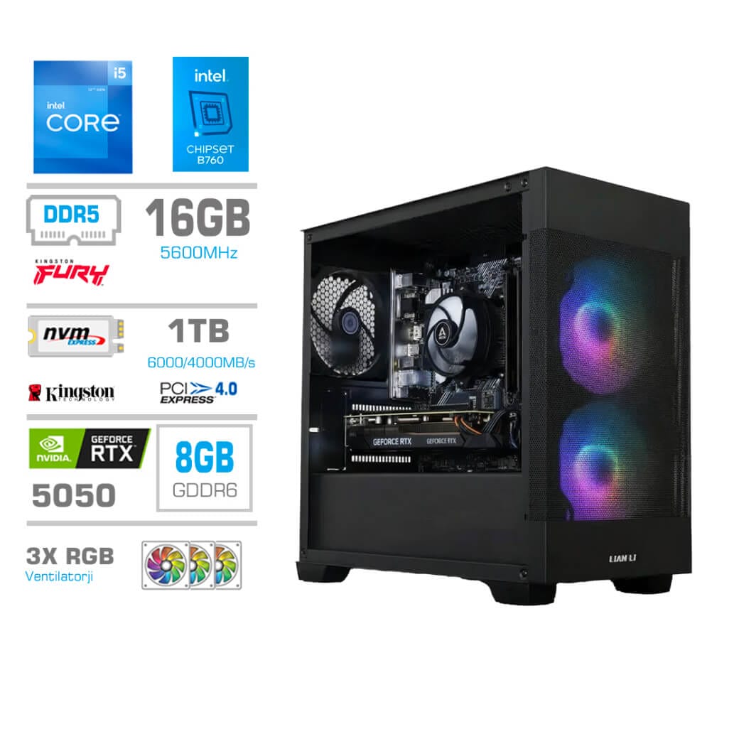 Gaming Računalnik Računalnik MEGA MT S7X i5-12400F/RTX5050/16GB/1TB-4.0/750W/Brez OS/črna RGB