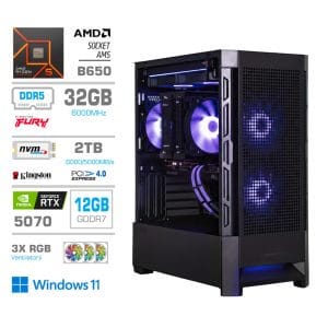 Gaming Računalnik Računalnik MEGA MT S8 R5-9600X/RTX5070/32GB-DDR5/2TB-4.0/750W/Win11Home/črna RGB + Estetski napajalni kabli [Vijolična/ Črna]