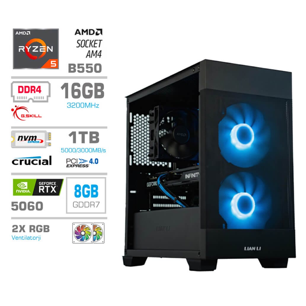 Gaming Računalnik Računalnik MEGA MT S7X R5-5500/RTX5060/16GB/1TB-4.0/750W/Brez OS/črna RGB