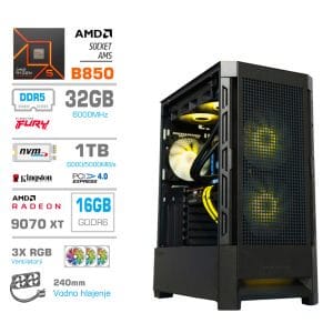 Gaming Računalnik Računalnik MEGA MT S8 R7-9700X/RX9070 XT/32GB-DDR5/2TB-4.0/750W/Brez OS/črna RGB + Estetski napajalni kabli [Rumena / Črna]