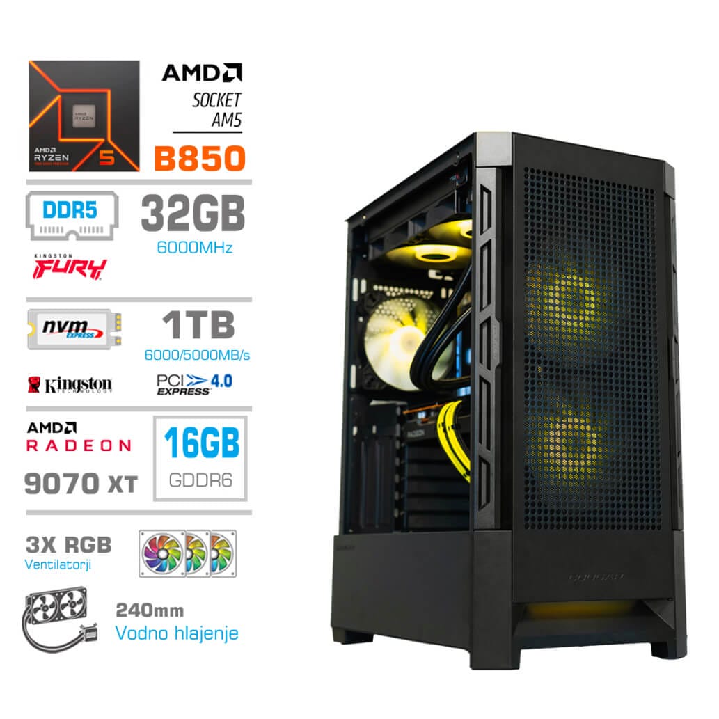 Gaming Računalnik Računalnik MEGA MT S8 R7-9700X/RX9070 XT/32GB-DDR5/2TB-4.0/750W/Brez OS/črna RGB + Estetski napajalni kabli [Rumena / Črna]