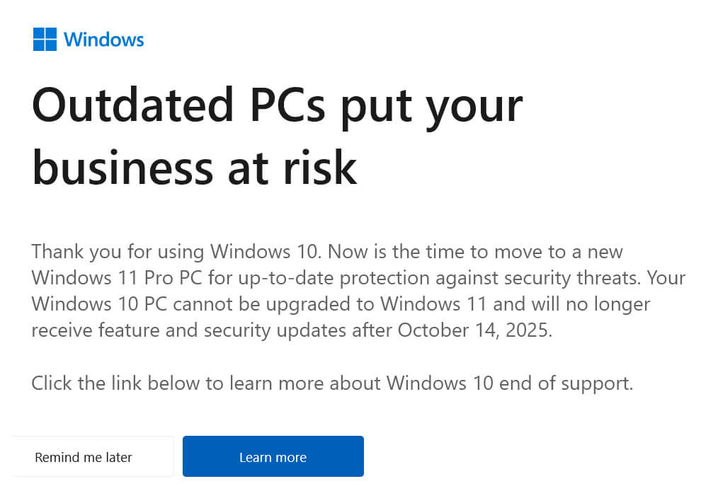 Podjetja so dobila pojavno okno za windows 10 end of life support